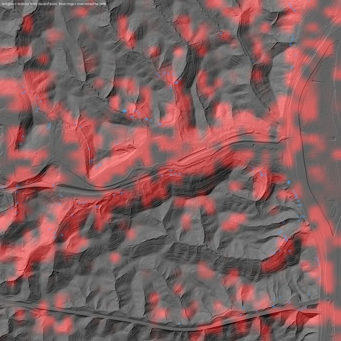 Bare-earth LiDAR hillshade of strip-mined terrain in Belmont County, Ohio, with red detection overlay and blue rings marking officially inventoried hazards