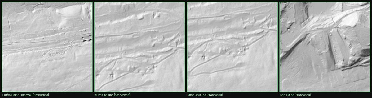 Four bare-earth LiDAR hillshade panels showing a surface-mine highwall, two mine-opening clusters, and a deep mine