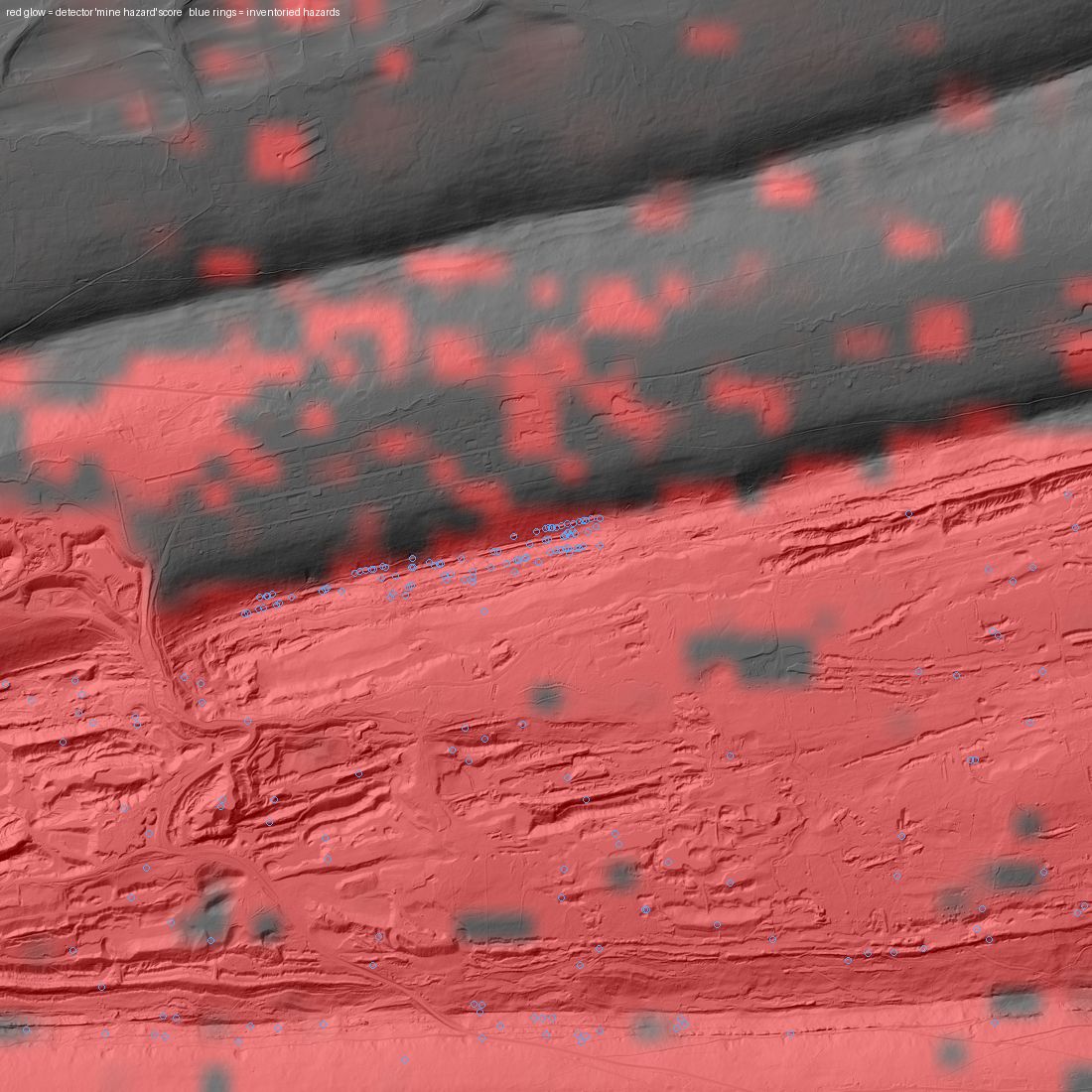 Bare-earth LiDAR hillshade of Schuylkill County anthracite terrain with red detection overlay and blue rings marking inventoried hazards